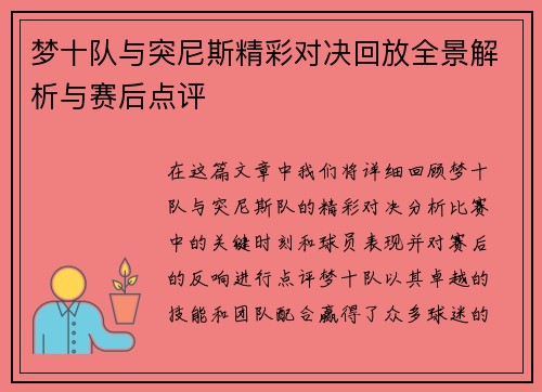 梦十队与突尼斯精彩对决回放全景解析与赛后点评