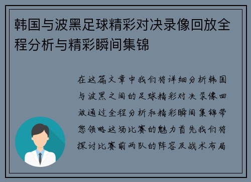 韩国与波黑足球精彩对决录像回放全程分析与精彩瞬间集锦